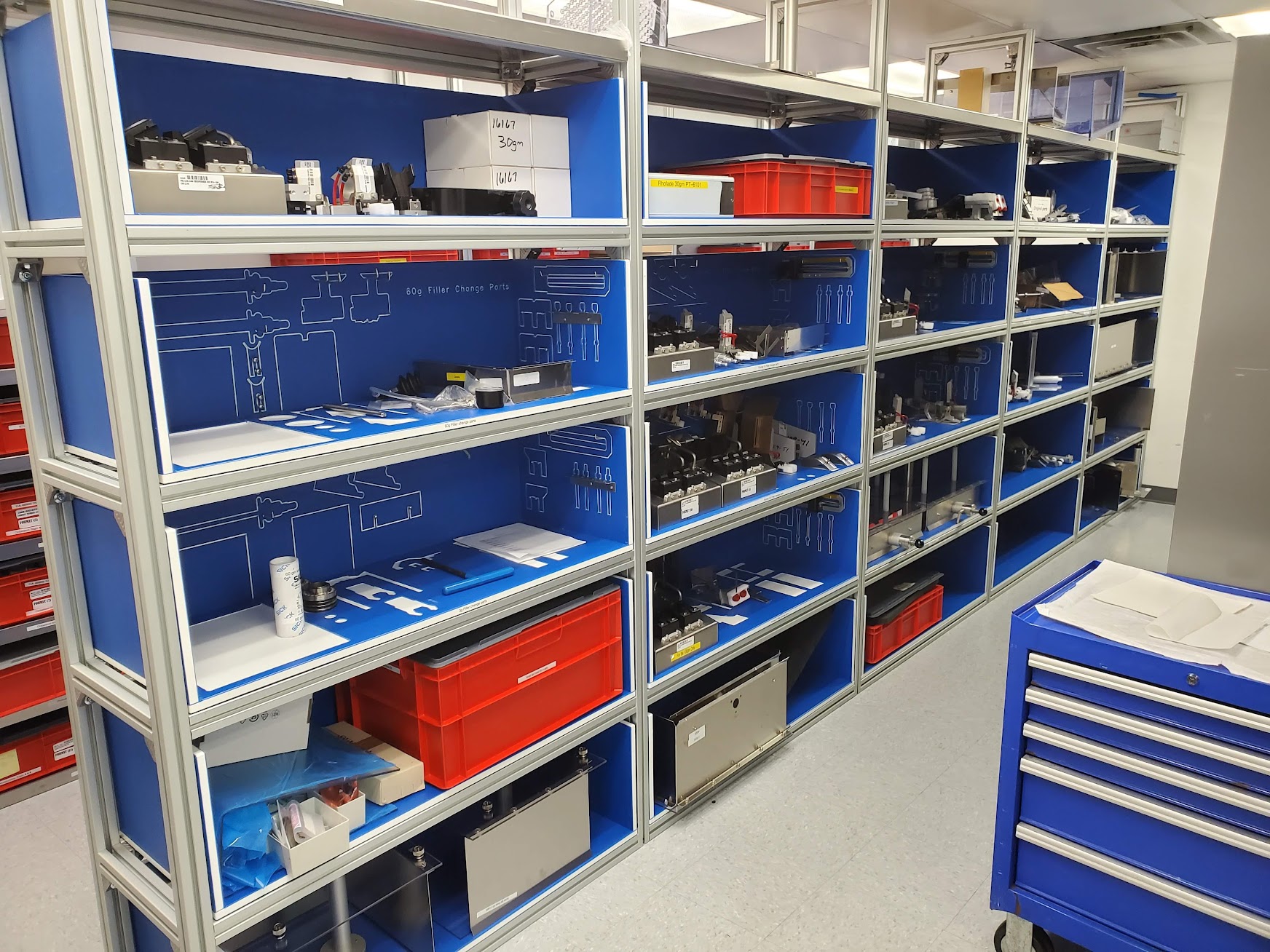 Complete stock room with a place everything and everything in its place. 5S Lean manufacturing.